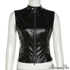 Black Pu Leather Charming Moto Zipper Tank Top