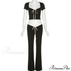 Black Ribbon Tie-Up Top Graceful And Pants Two Piece Set