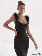 Black Satin Feather Charming Strap Maxi Dress