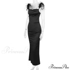 Black Satin Feather Charming Strap Maxi Dress