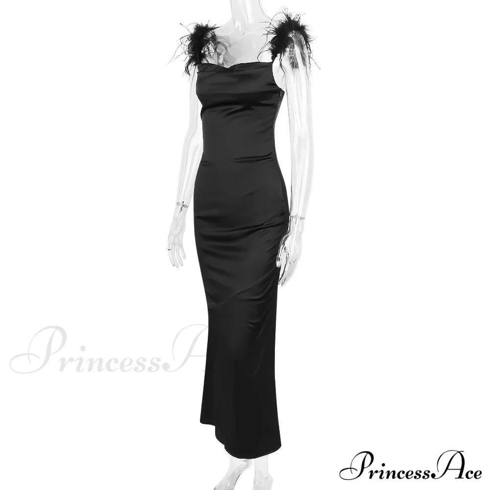 Black Satin Feather Charming Strap Maxi Dress