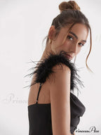 Black Satin Feather Charming Strap Maxi Dress