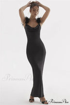 Black Satin Feather Charming Strap Maxi Dress