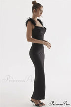 Black Satin Feather Charming Strap Maxi Dress
