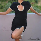 Black Short Sleeve Charming White Trim Mini Dress