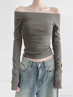 Black Slash Neck Elegant Long Sleeve Slim Knit Top