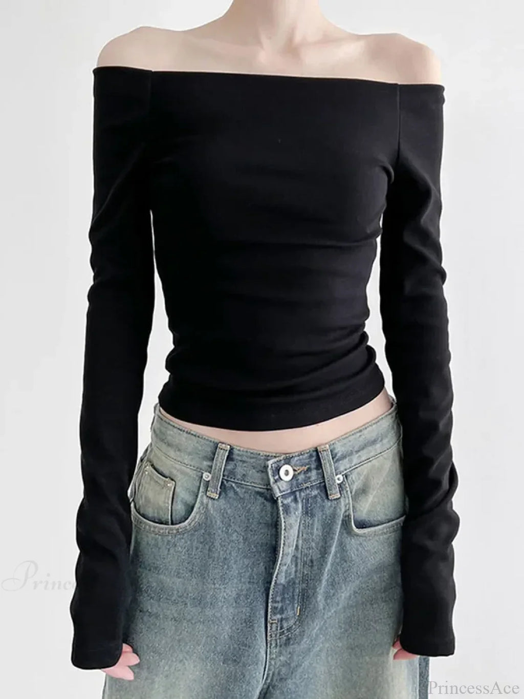 Black Slash Neck Elegant Long Sleeve Slim Knit Top