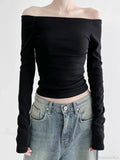 Black Slash Neck Elegant Long Sleeve Slim Knit Top