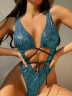 Black Snake Print Criss Cross One Piece