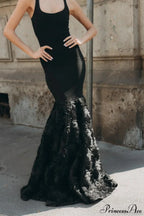Black Sparkle Silver Thread Rose Hem Party Dress