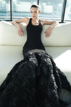 Black Sparkle Silver Thread Rose Hem Party Dress