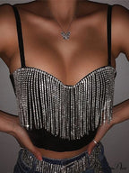 Black Strap Crop Charming Top With Rhinestone Fringe