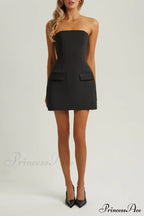 Black Strapless A Trendy Line Pocket Mini Dress