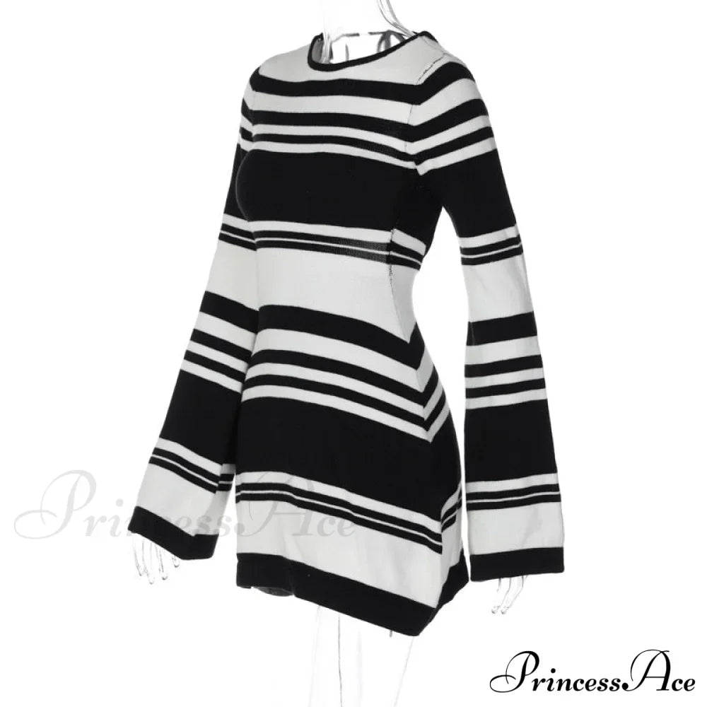 Black Stripe Knit Backless Graceful Long Sleeve Mini Dress