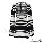 Black Stripe Knit Backless Graceful Long Sleeve Mini Dress