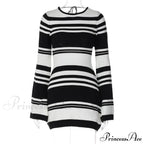Black Stripe Knit Backless Graceful Long Sleeve Mini Dress