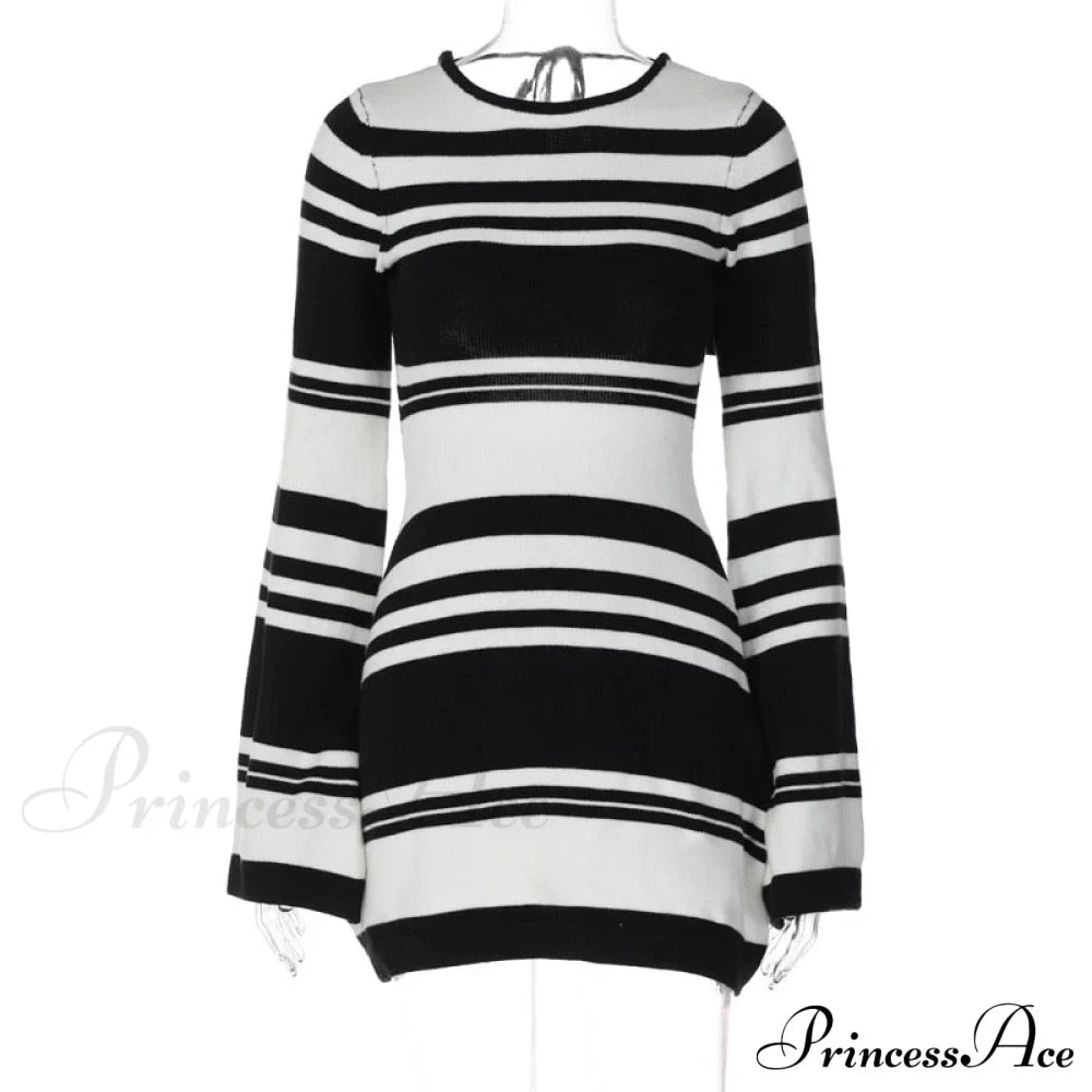 Black Stripe Knit Backless Graceful Long Sleeve Mini Dress