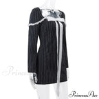 Black Stripe Long Charming Sleeve Bow Mini Dress