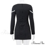 Black Stripe Long Charming Sleeve Bow Mini Dress