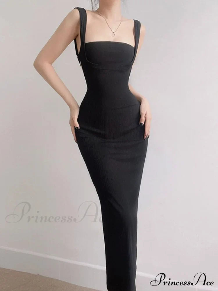 Black Tank Long Bodycon Dress with Tie Back