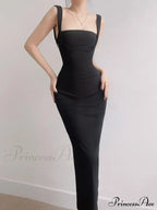 Black Tank Long Bodycon Dress with Tie Back