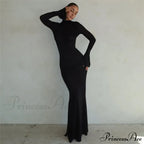 Black TurtleNeck Backless Maxi For Women Elegant Evening Trumpet Sleeves Autumn Bodycon Long Cut Out Dress