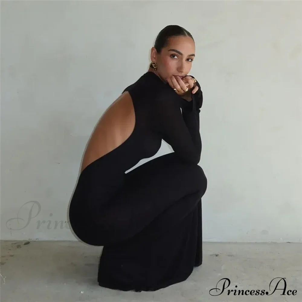 Black TurtleNeck Backless Maxi For Women Elegant Evening Trumpet Sleeves Autumn Bodycon Long Cut Out Dress