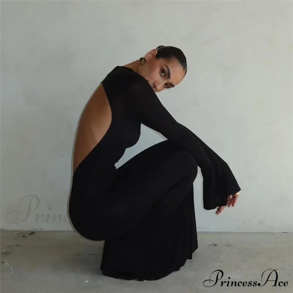 Black TurtleNeck Backless Maxi For Women Elegant Evening Trumpet Sleeves Autumn Bodycon Long Cut Out Dress