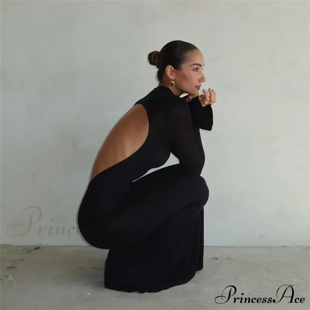 Black TurtleNeck Backless Maxi For Women Elegant Evening Trumpet Sleeves Autumn Bodycon Long Cut Out Dress