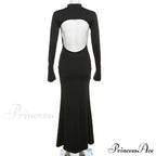 Black TurtleNeck Backless Maxi For Women Elegant Evening Trumpet Sleeves Autumn Bodycon Long Cut Out Dress