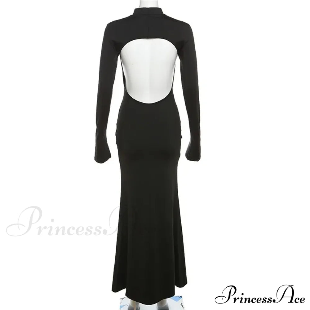 Black TurtleNeck Backless Maxi For Women Elegant Evening Trumpet Sleeves Autumn Bodycon Long Cut Out Dress