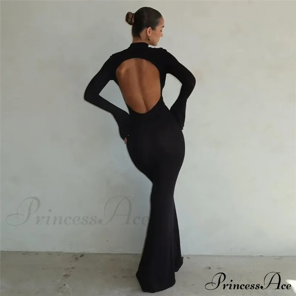 Black TurtleNeck Backless Maxi For Women Elegant Evening Trumpet Sleeves Autumn Bodycon Long Cut Out Dress