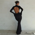 Black TurtleNeck Backless Maxi For Women Elegant Evening Trumpet Sleeves Autumn Bodycon Long Cut Out Dress