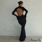 Black TurtleNeck Backless Maxi For Women Elegant Evening Trumpet Sleeves Autumn Bodycon Long Cut Out Dress