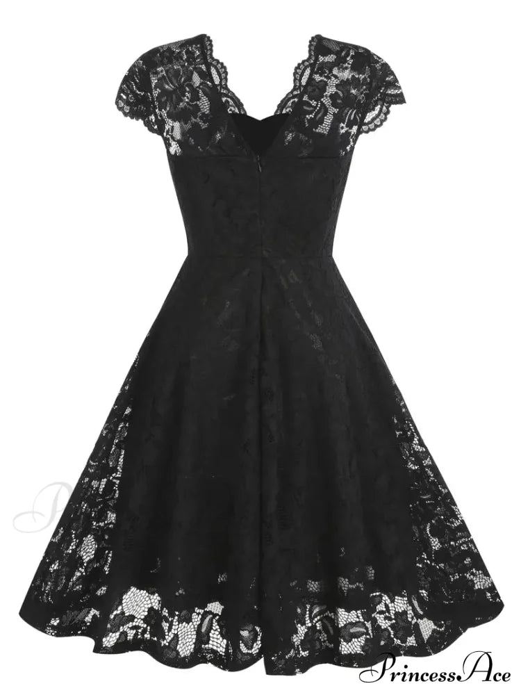 Black V Neck Cap Sleeve A Line Dress for Parties