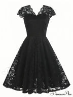 Black V Neck Cap Sleeve A Line Dress for Parties
