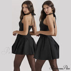 Black V-neck Halter Charming Frill Mini Dress