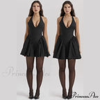 Black V-neck Halter Charming Frill Mini Dress