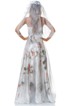 Bloody zombie Bride Halloween Tie Dye Mesh Satin Strapless Maxi Dress - White