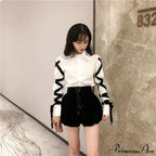 Blous Top Womens Spring Long Ribbons Arm Casual Black Stitching Office Blouse Lady Blouse