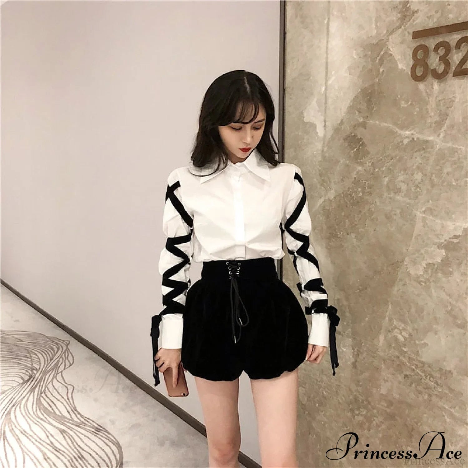 Blous Top Womens Spring Long Ribbons Arm Casual Black Stitching Office Blouse Lady Blouse