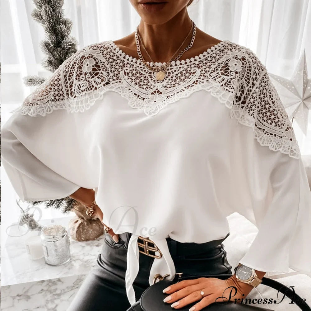 Blouse Embroidery Vintage Lace Elegant Top Women Blouse Crochet Autumn White Blusa Ladies 12459