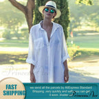 Blouse - Long Cotton Arm Kimono Woman's Coastal Blouse White Casual Cover Up
