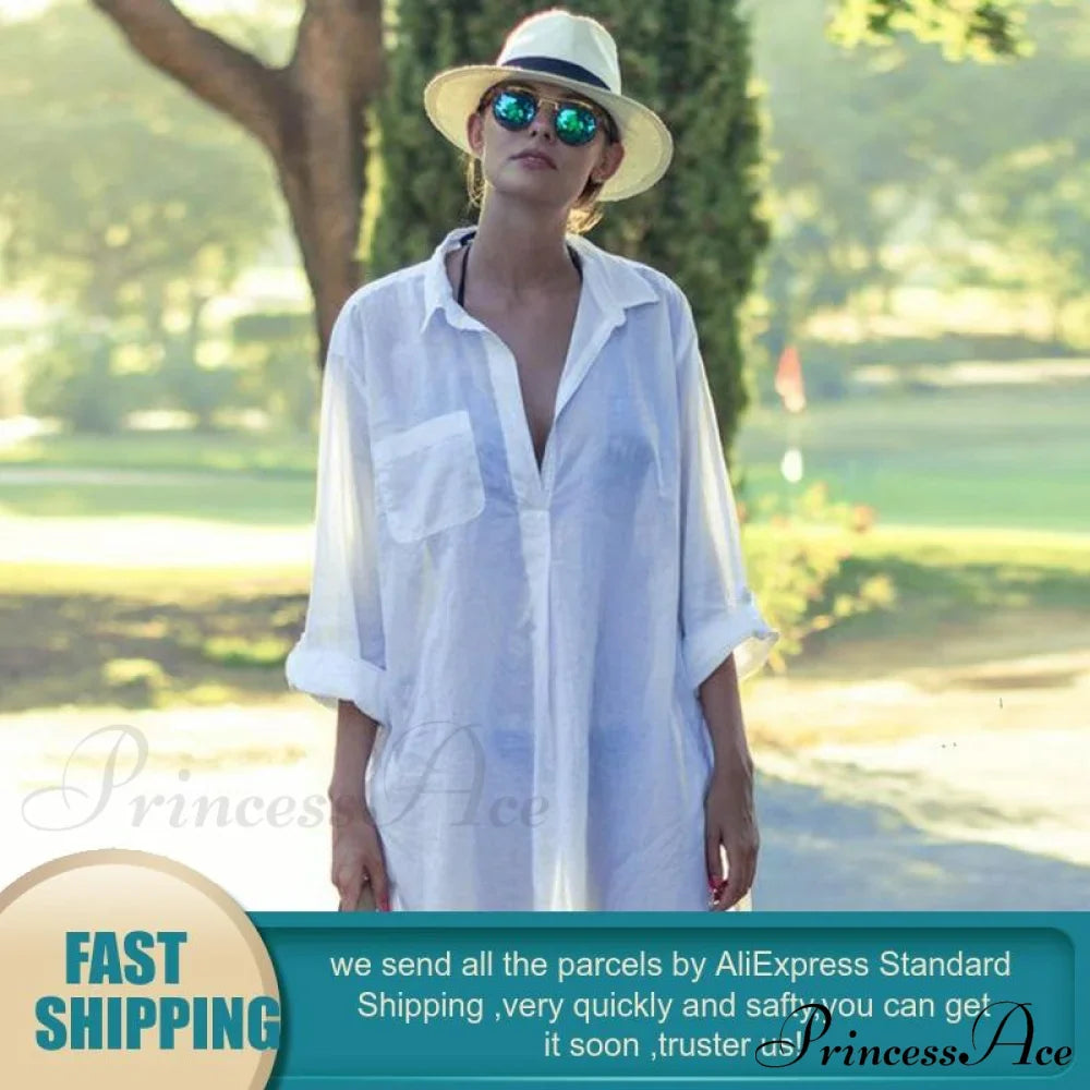 Blouse - Long Cotton Arm Kimono Woman's Coastal Blouse White Casual Cover Up