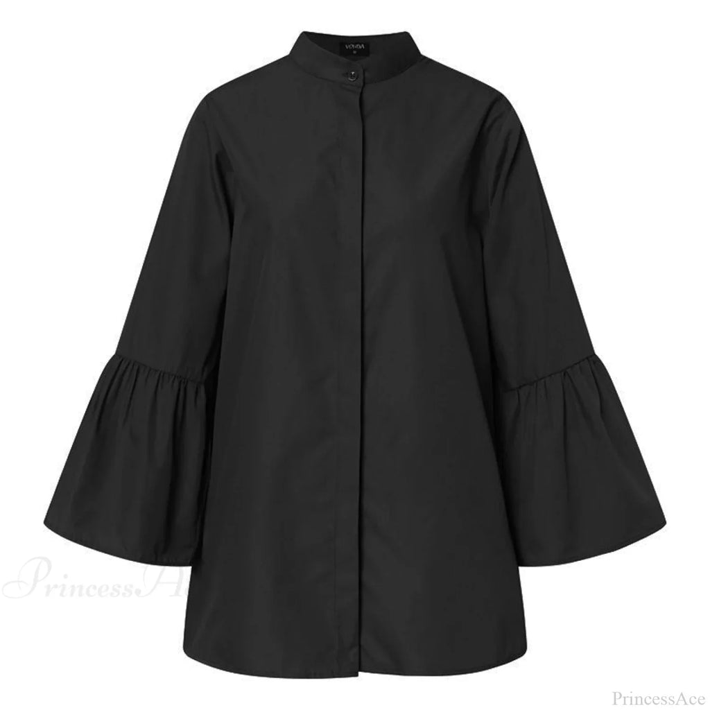 Blouse Office Arm - V Button Women's Flare Up White Neck Blouse