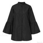 Blouse Office Arm - V Button Women's Flare Up White Neck Blouse