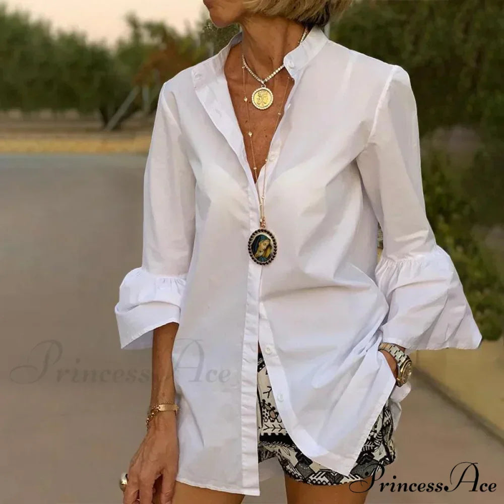 Blouse Office Arm  V Button Women's Flare Up White Neck Blouse