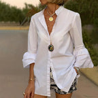 Blouse Office Arm - V Button Women's Flare Up White Neck Blouse
