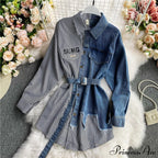 Blouse Patchwork - Plaid Jeans Long Blouse Women's with Autumn Arm Elegant Design Slim Dress