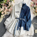Blouse Patchwork - Plaid Jeans Long Blouse Women's with Autumn Arm Elegant Design Slim Dress